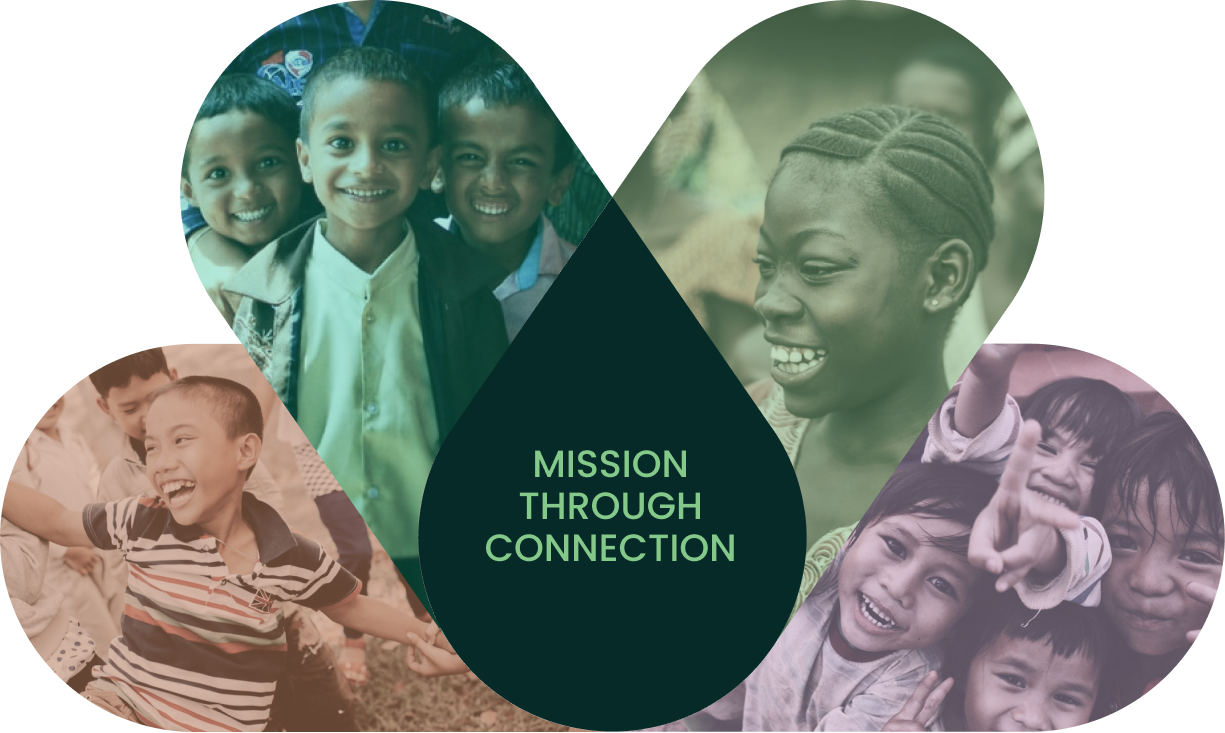 Group of kids and a woman smiling together illustrating Mission Through Connection in droplet icon
